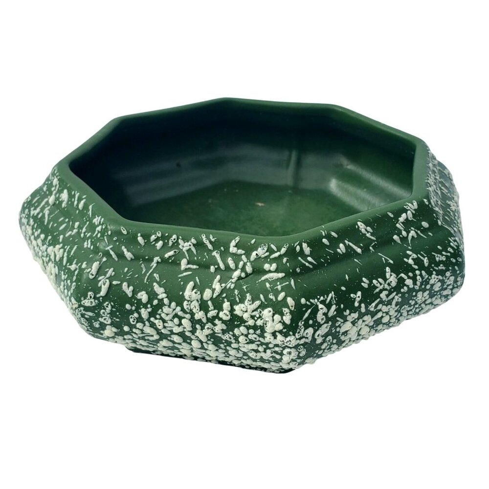 Mid Century Splatter Ware Bowl Green and White Texture Glaze 1950s 7"